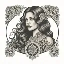 young brunette woman with a long lustrous wavy hair wearing a eduardian lace dress framed within an oval border tattoo design idea
