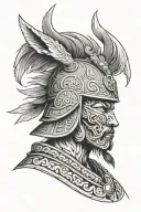 a man who has a face like a gray wolf, wearing a traditional oghuz war iron helmet, show me above shoulder tattoo design idea