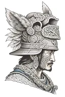a man who has a face like a gray wolf, wearing a traditional oghuz war iron helmet, show me above shoulder tattoo design idea