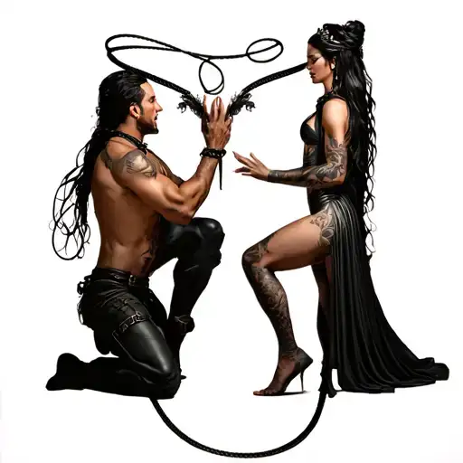bdsm With a dongeon, whips,collars, s&M scene with man kneeling worshiping at a sexy Goddess feet while she stands. tattoo design idea