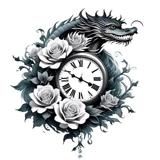 Roses, Clock tattoo, Chinese dragon, Ocean Wave tattoo design idea