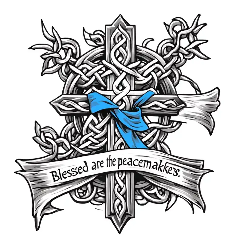 Celtic Cross with ""Blessed are the peacemakers." written on a blue sash draped  on cross. tattoo design idea
