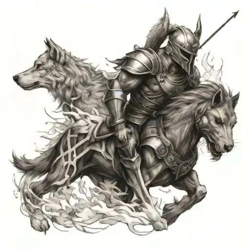 I want a spartan warrior with a wolf in a pathway to plenitude. mixed with nature  tattoo design idea