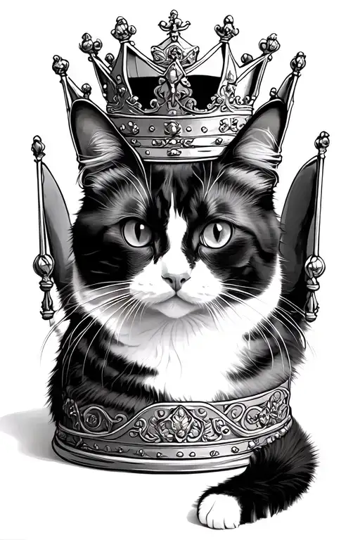 "Purrella on top of the  crown " Calico cat sitting inside a queen crown with a princess crown slipping off her head because of her big ears  tattoo design idea