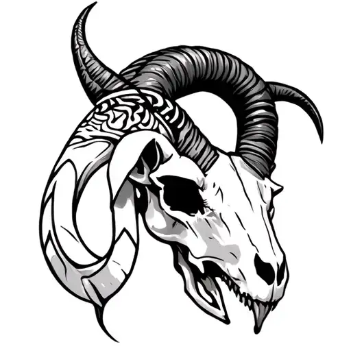half capricorn goat skull for my son, Ashton, black and white, fine line, some tribal pattern in the horn tattoo design idea