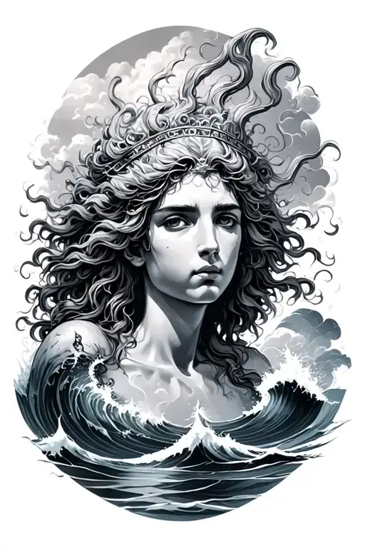 neptune above ocean tattoo design idea