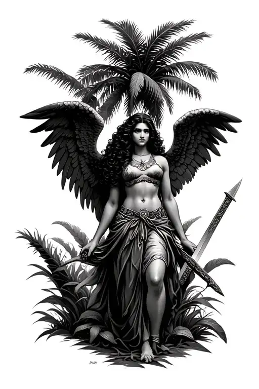 female latina guardian angel with curly hair and sword under palm tree tattoo design idea