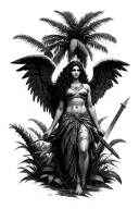 female latina guardian angel with curly hair and sword under palm tree tattoo design idea