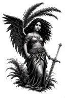 female latina guardian angel with curly hair and sword under palm tree tattoo design idea