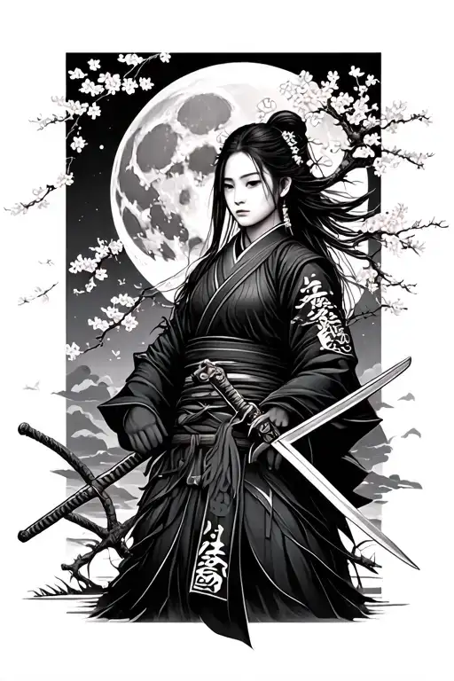 beautiful female samurai holding two swords under the moon and a cherry blossom tree tattoo design idea