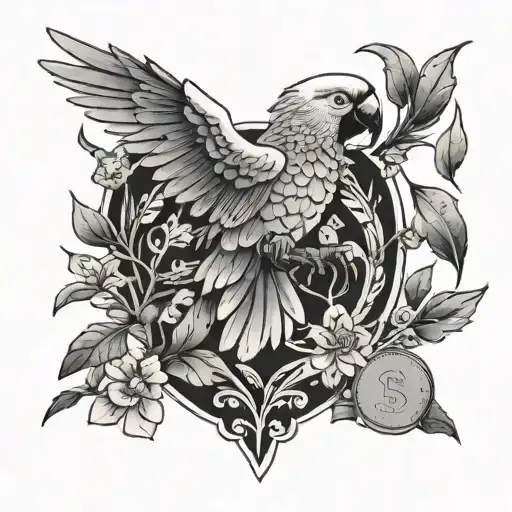 A stylized representation of a parrot flying over a field of plants and money, symbolizing abundance and success in trading tattoo design idea