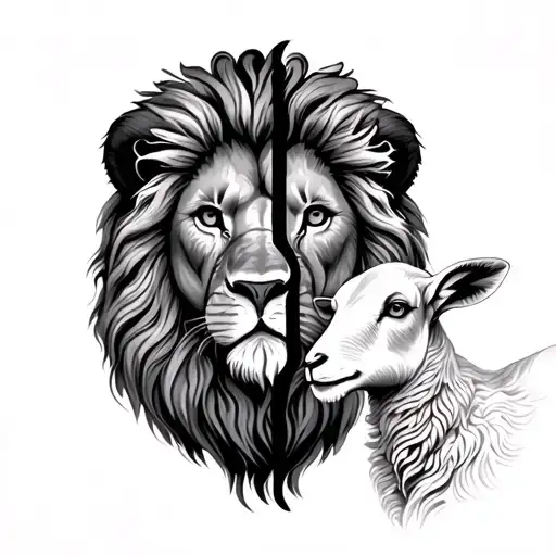frontal view of Lion face on left half and a lamb on the other half. the lion is the lion of Judah - powerful, majestic. tattoo design idea