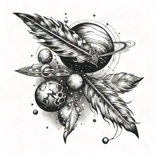 A feather pen in space being orbitted by planets tattoo design idea
