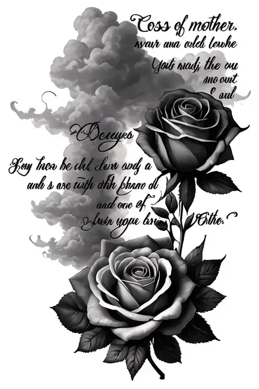 quote about loss of mother with clouds surrounding and a rose and her signature  tattoo design idea