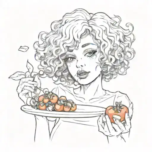 curly hair girl eating cherry tomatoes  tattoo design idea