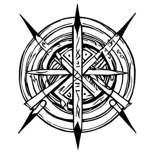 A hand-drawn Norse-inspired bindrune tattoo in black ink, composed of merged runes Algiz, Gebo, Othala, Wunjo, and Isa.  tattoo design idea