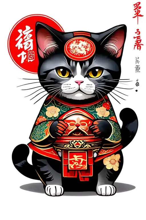 Make a tattoo concept Japanese oriental + lucky cat + daruma dollLucky cat wear a modern samurai and the daruma doll tattoo design idea