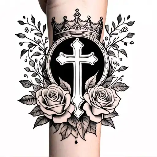 forearm tattoo with cross inside and roses around it and crown tattoo design idea