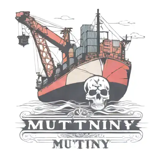 Container Ship with a crane behind and a skull and anchor and text Mutiny tattoo design idea