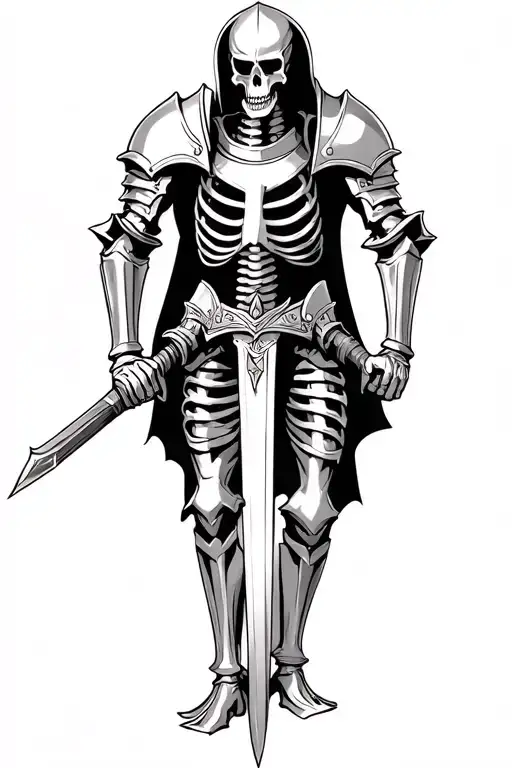 Skeleton Knight in full armor holding a Sword tattoo design idea