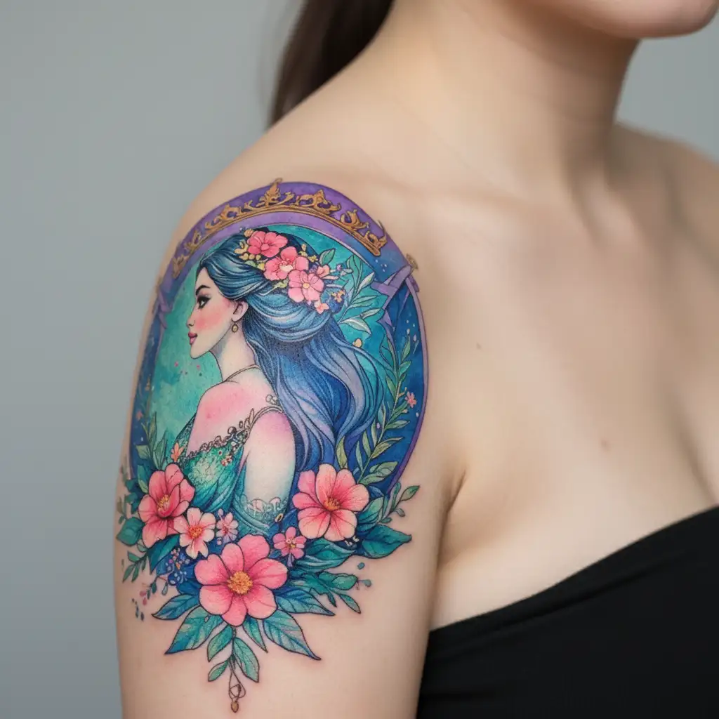 I want the crest of courage from Barbie: Mermaidia with added floral detailing. tattoo design idea