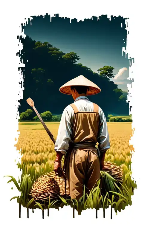 old Chinese farmer working in field facing away tattoo design idea
