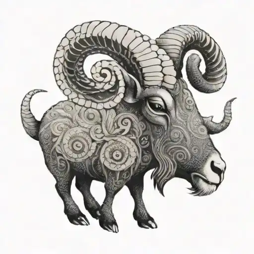 A stylized ram tattoo symbolizing the client's zodiac sign Aries, with intricate dotwork detailing tattoo design idea