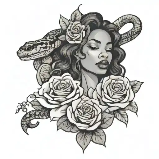 black woman stabbing a snake slithering inbetween 3 roses tattoo design idea