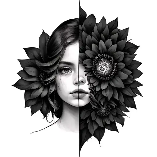 equally split girl face with toxic flower tattoo design idea