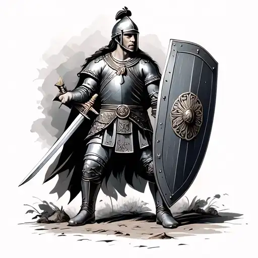 Roman soldier wearing boots, breastplate and helmet holding a sword in one had and shield in the other. tattoo design idea