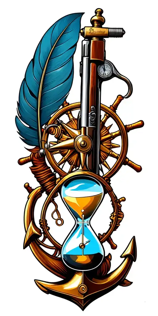 US Navy flintlock pistol, a quill pen, a nautical compass, a fouled anchor, a ship's wheel, and an hourglass tattoo design idea