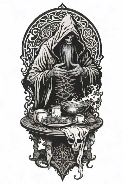 Hodded alchemist cultist, rituals on a table, twisted background tattoo design idea