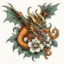 Evil Chinese Dragon with Flowers and Wings tattoo design idea