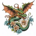 Evil Chinese Dragon with Flowers and Wings tattoo design idea