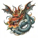Evil Chinese Dragon with Flowers and Wings tattoo design idea