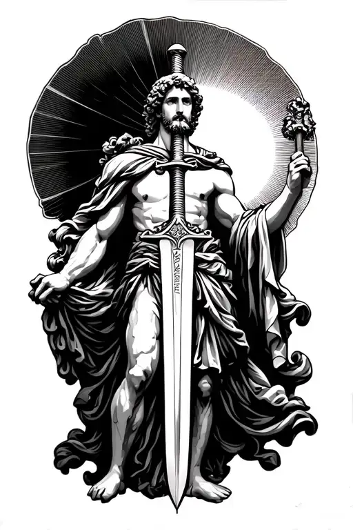 Deeply Nietzschean Greek god Apollo, holding a sword wihch has "per aspera ad astra" etched into it, above apollo is sun tattoo design idea