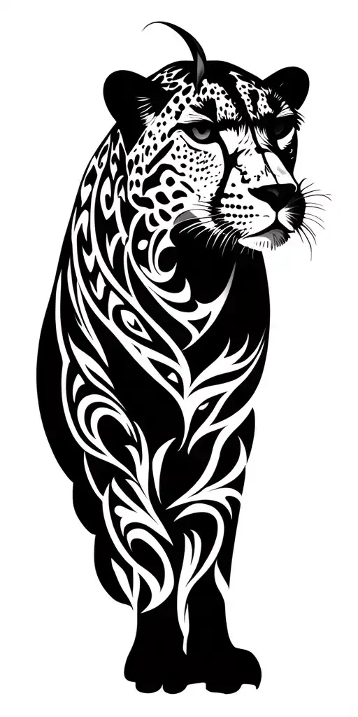 pure black tribal with cheetah and Mount Kilimanjaro theme tattoo design idea
