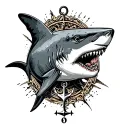 shark with anchor and compass surrounded tattoo design idea