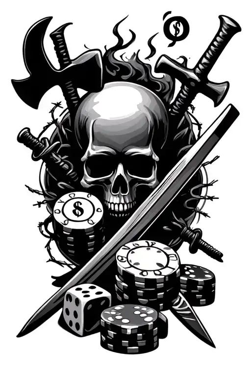 Poker cards, money symbol, dice, hammers axes, swords, knives, $, barbed wire, skulls poker chips, brass knuckles, smoke tattoo design idea