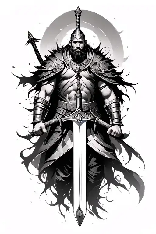 Main Elements:A warrior with a sword – symbolizing strength, representing the name Ilay. The figure should be abstract tattoo design idea
