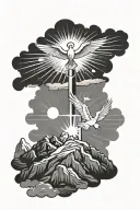Christian Cross on a mountain with sunshine beams behind it with the holy spirit dove flying above the cross tattoo design idea