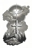 Christian Cross on a mountain with sunshine beams behind it with the holy spirit dove flying above the cross tattoo design idea