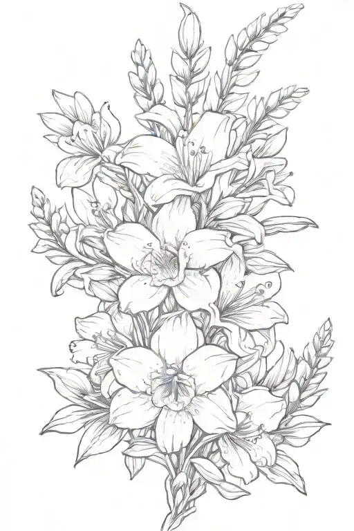 flower tattoo with Freesias, lilacs, foxglove flowers intertwined tattoo design idea