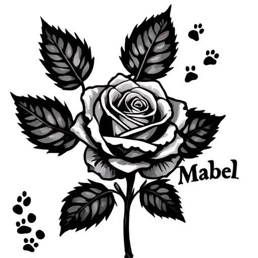 Rose with paw prints as leaves and the stem going halfway then saying "Mabel" vertically and then the stem continues tattoo design idea