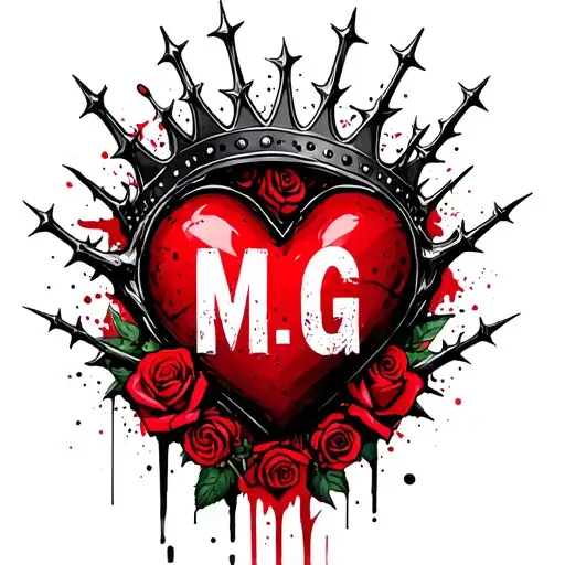 "M G" heart surrounded by thorns and roses with a crown adorned tattoo design idea