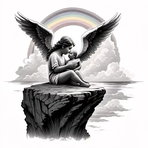 baby angel sitting with baby on cliff edge looking at rainbow comming out of storm clouds  tattoo design idea