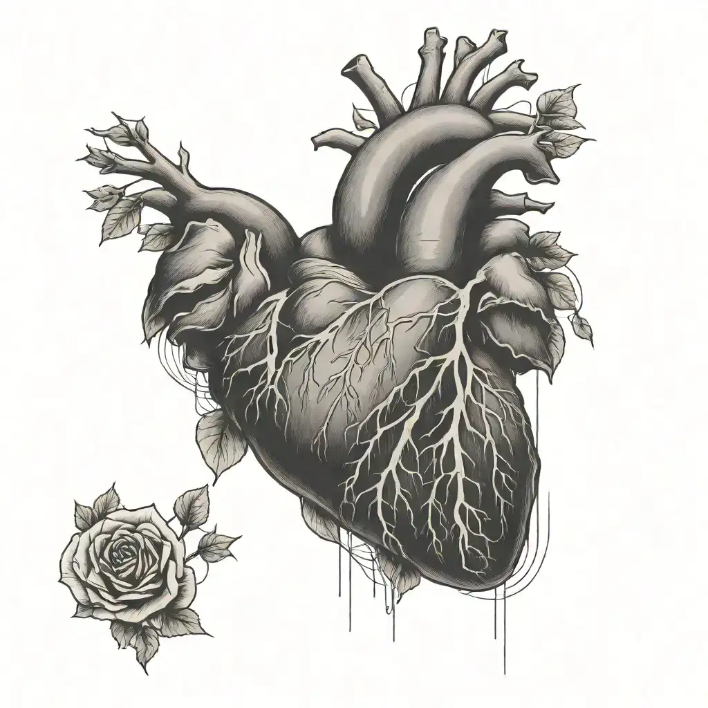 A small, minimalist tattoo of an anatomical heart placed on the inner arm. The design is made up of thin lines, with a simple outline representing the heart’s structure. The overall look is clean and subtle, adding a personal and meaningful touch. tattoo design idea