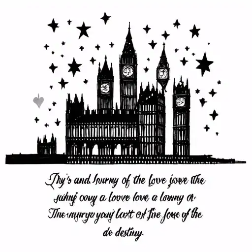 A London skyline silhouette with a hidden message in the stars, symbolizing the journey of love and destiny tattoo design idea