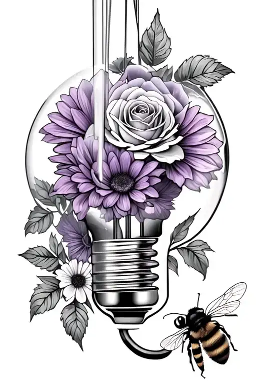 upside down Light bulb with a violet, a rose, a chrysanthemum and a bee inside tattoo design idea