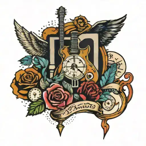 A vibrant tattoo of a music-themed collage incorporating Blessing Philip's initials tattoo design idea